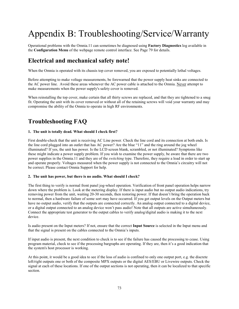 Appendix b: troubleshooting/service/warranty, Electrical and mechanical safety note, Troubleshooting faq | Omnia Audio Omnia.11 User Manual | Page 89 / 102