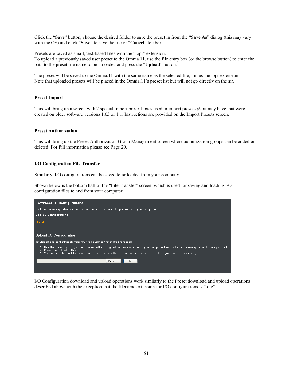 Preset import, Preset authorization, I/o configuration file transfer | Omnia Audio Omnia.11 User Manual | Page 97 / 102