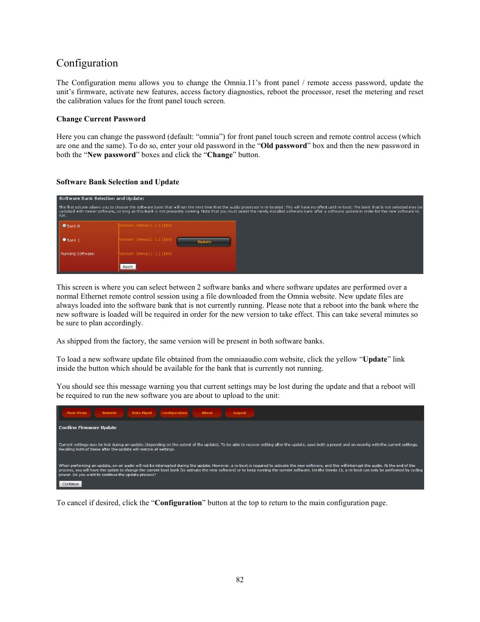 Configuration, Change current password, Software bank selection and update | Omnia Audio Omnia.11 User Manual | Page 98 / 102