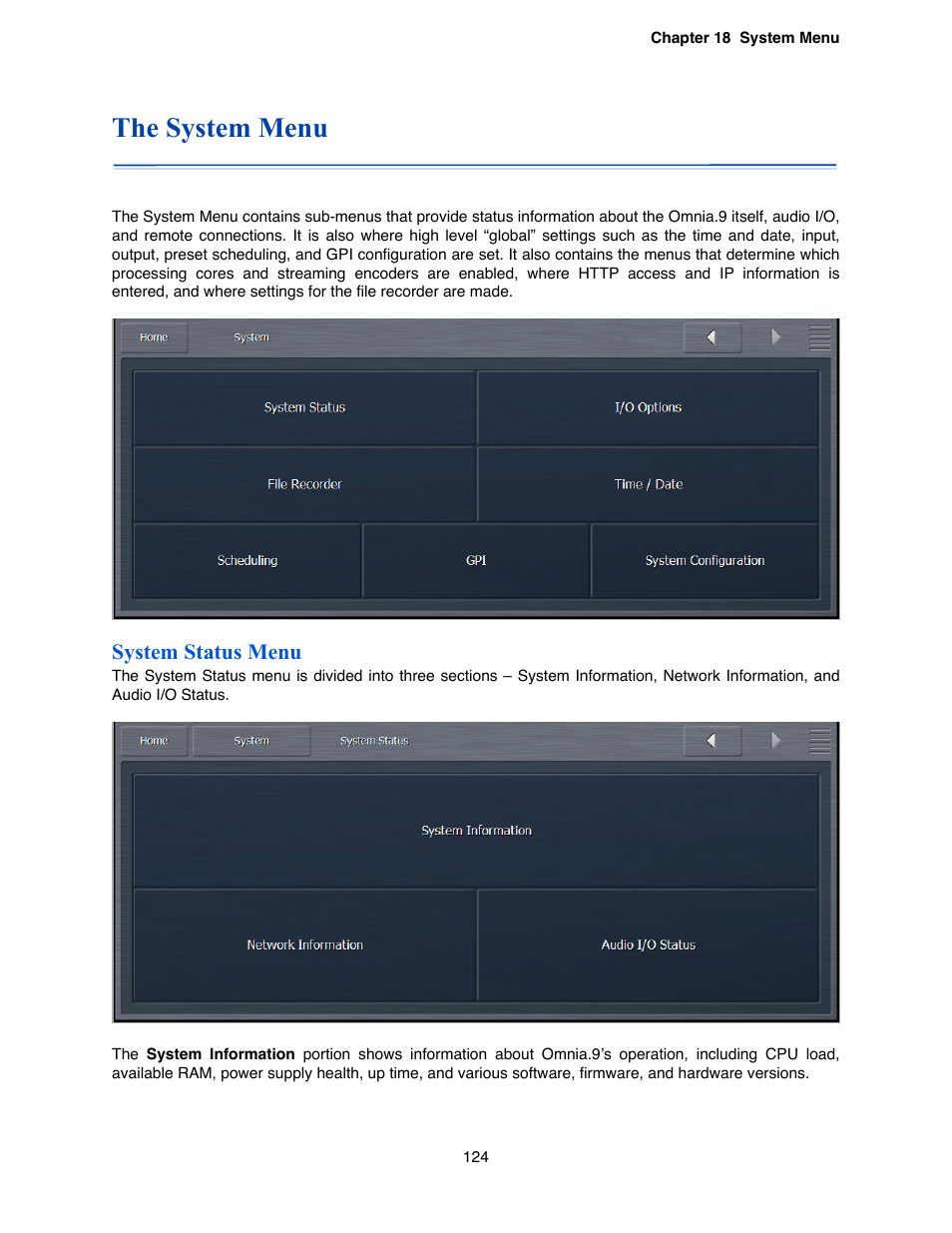The system menu, System status menu | Omnia Audio Omnia.9 User Manual | Page 124 / 196