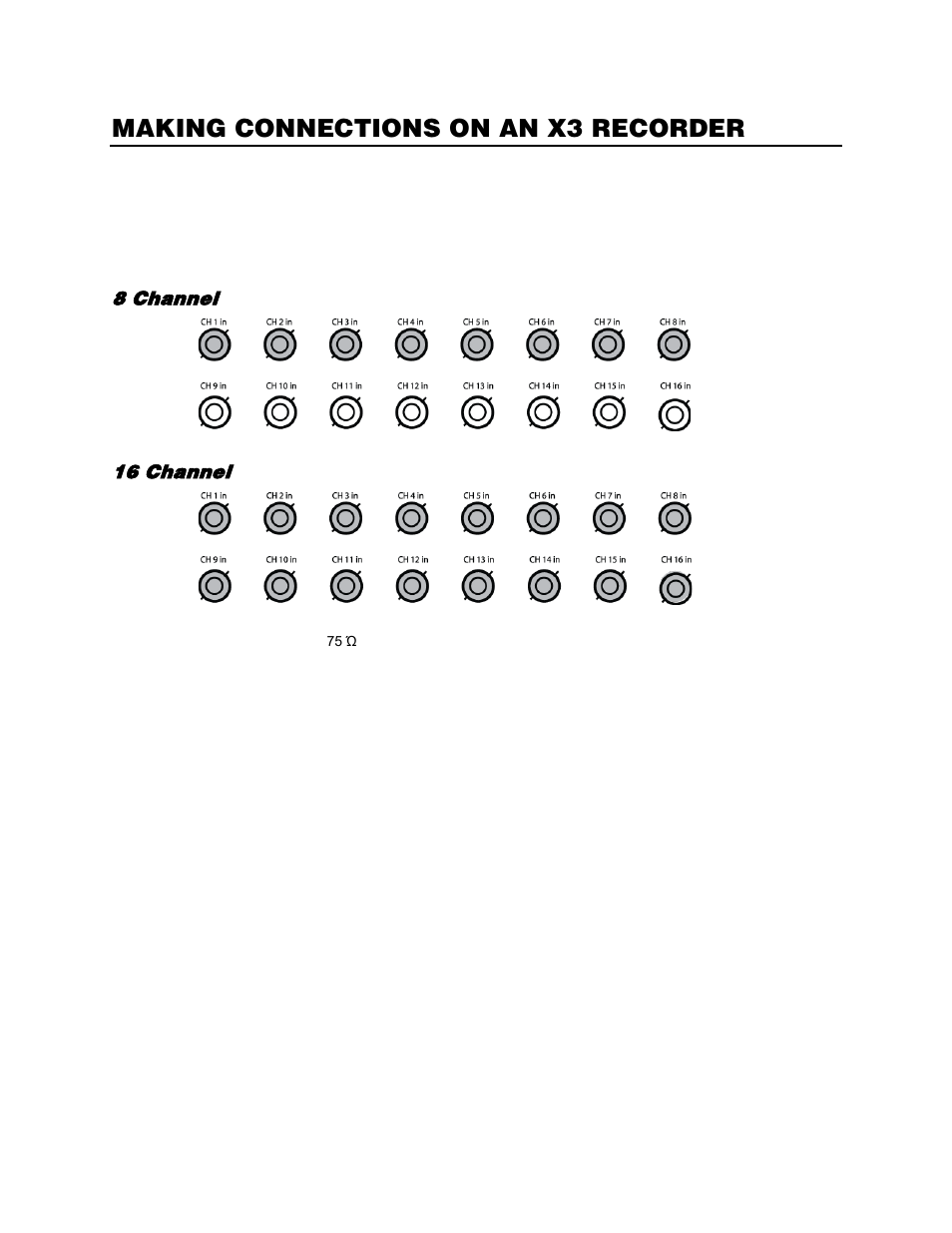 Making connections on an x3 recorder, Connecting a video source, 8 channel | 16 channel | OpenEye Gen6 X-Series Hardware Manual User Manual | Page 24 / 30