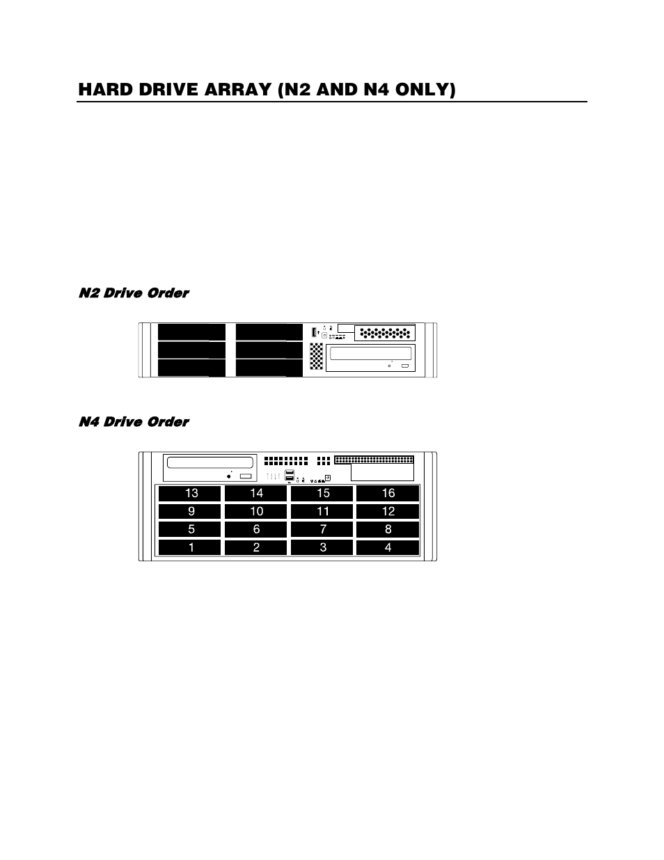 Hard drive array (n2 and n4 only), Inserting a hard drive, N2 drive order | N4 drive order | OpenEye Gen6 N-Series Hardware Manual User Manual | Page 19 / 23
