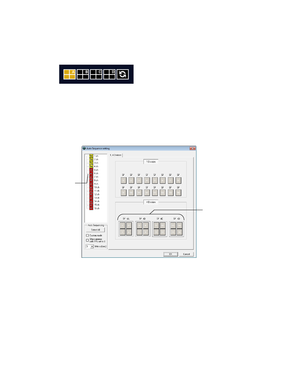 Dual monitor camera display menu, Custom live view divisions | OpenEye Gen5 NVR User Manual | Page 32 / 95