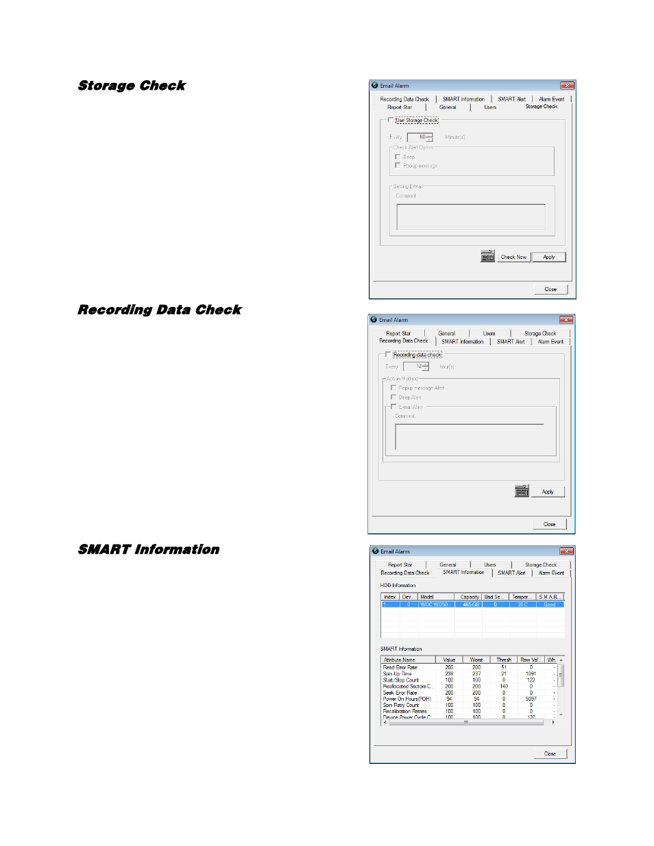 Storage check, Recording data check, Smart information | OpenEye Gen5 NVR User Manual | Page 60 / 95