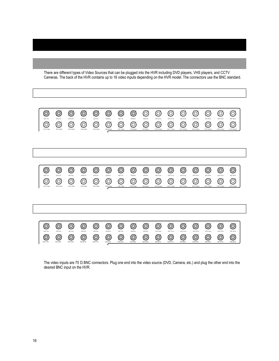 Making connections on an xr-series hvr, Connecting a video source, 8 channel hvr | 16 channel hvr, 32 channel hvr | OpenEye OE4 User Manual | Page 28 / 42