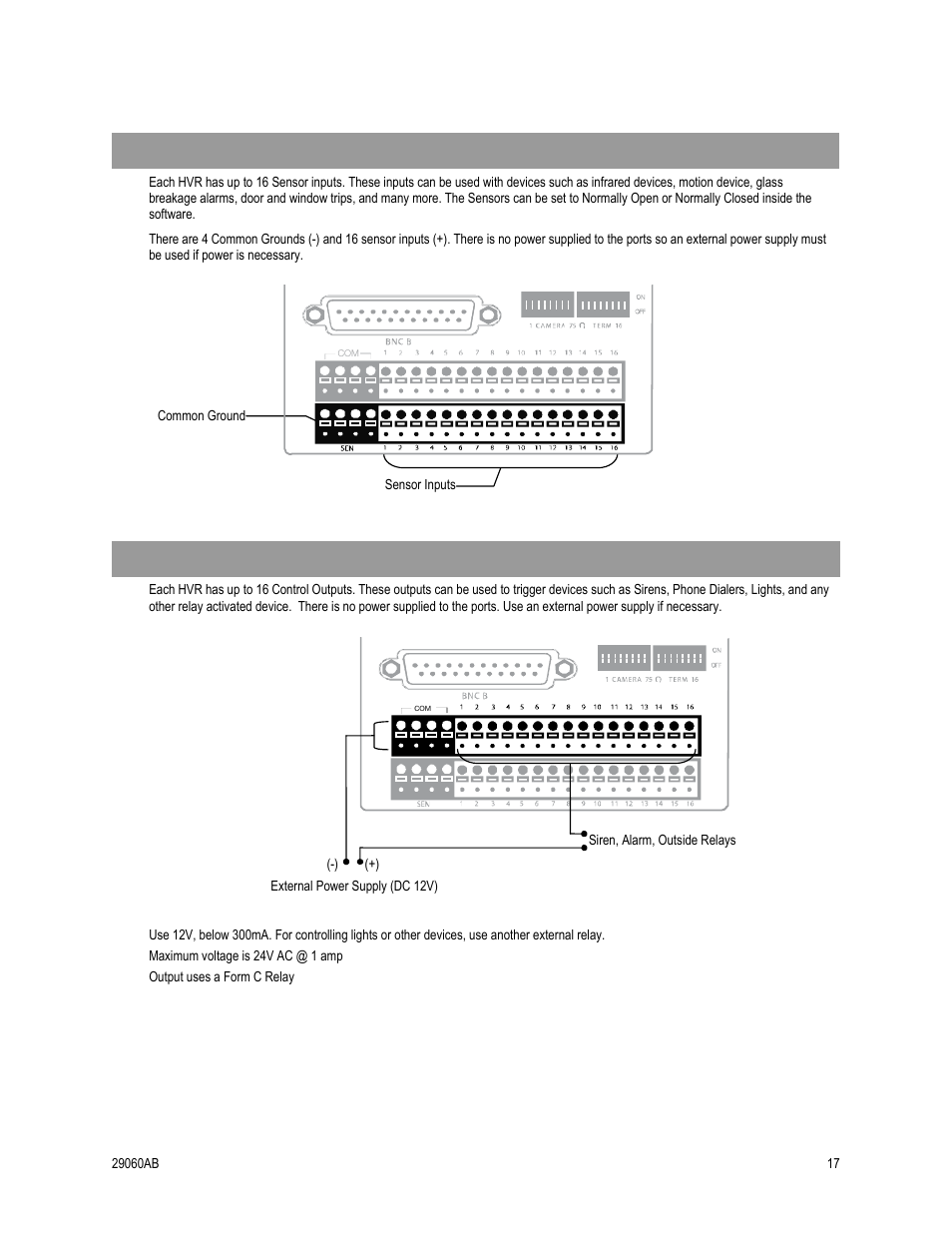 Connecting sensors to the hvr, Connecting control outputs to the hvr | OpenEye OE4 User Manual | Page 29 / 42