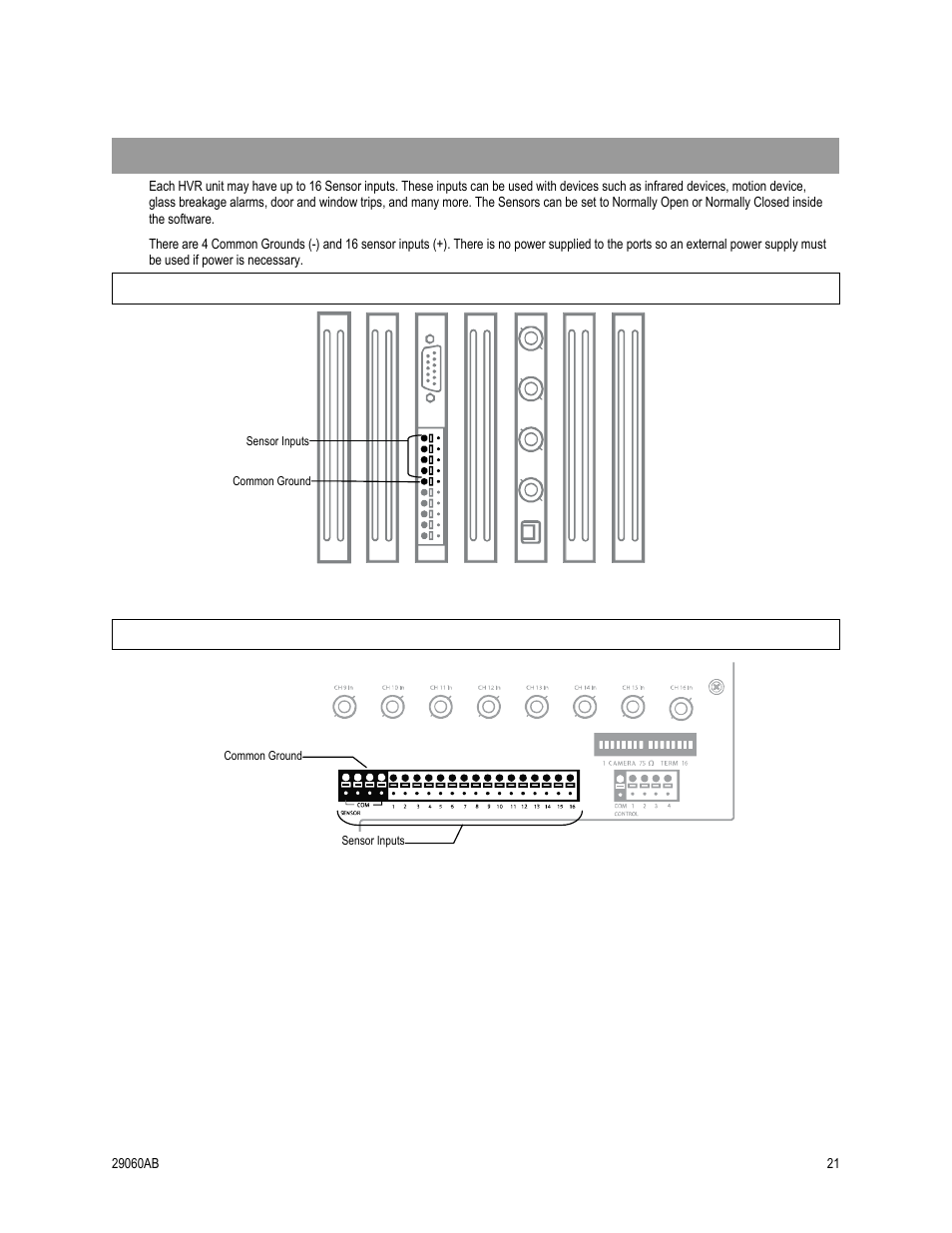 Connecting sensors to the hvr, 4 channel, 8/16 channel | OpenEye OE4 User Manual | Page 33 / 42