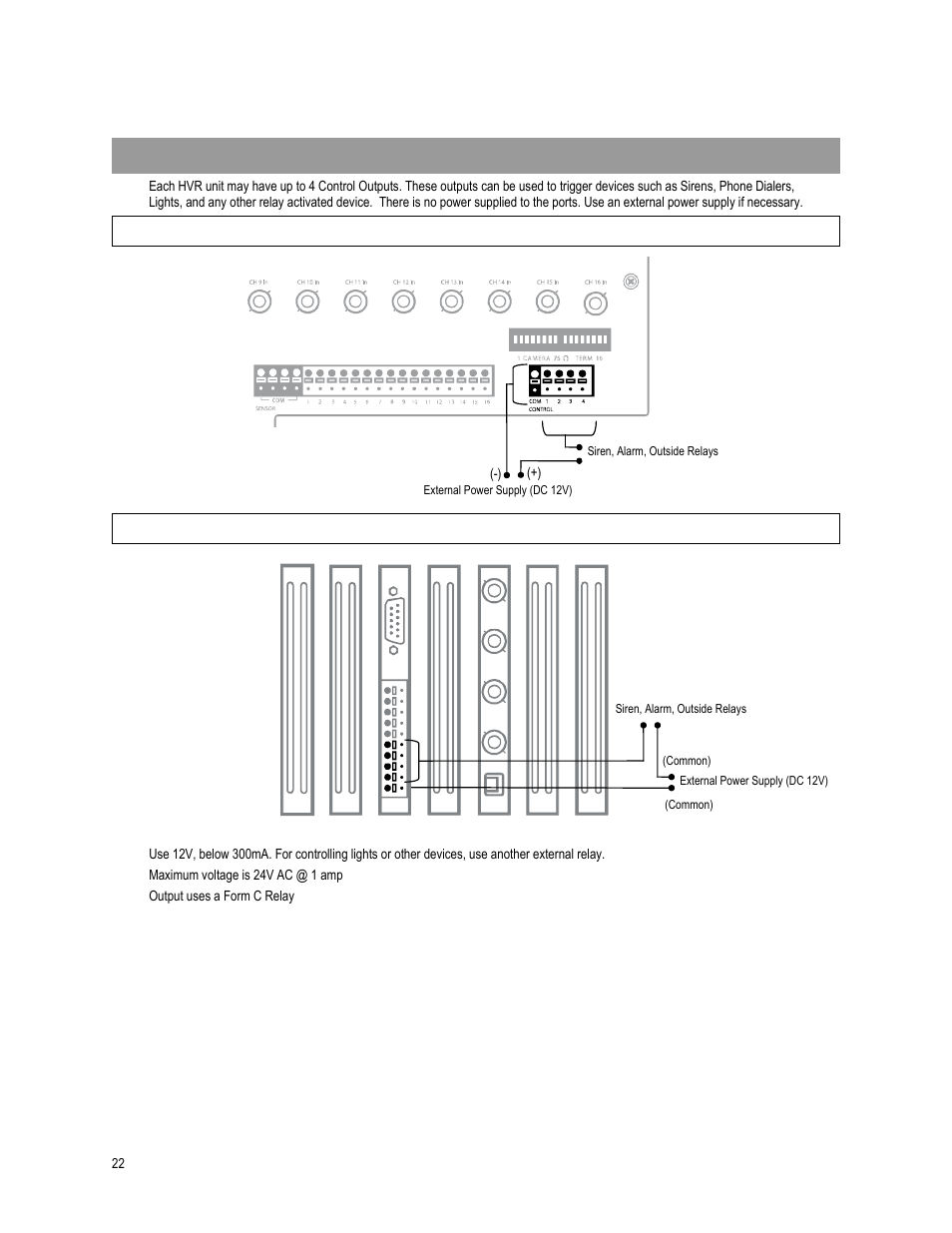Connecting control outputs to the hvr, 8/16 channel, 4 channel | OpenEye OE4 User Manual | Page 34 / 42