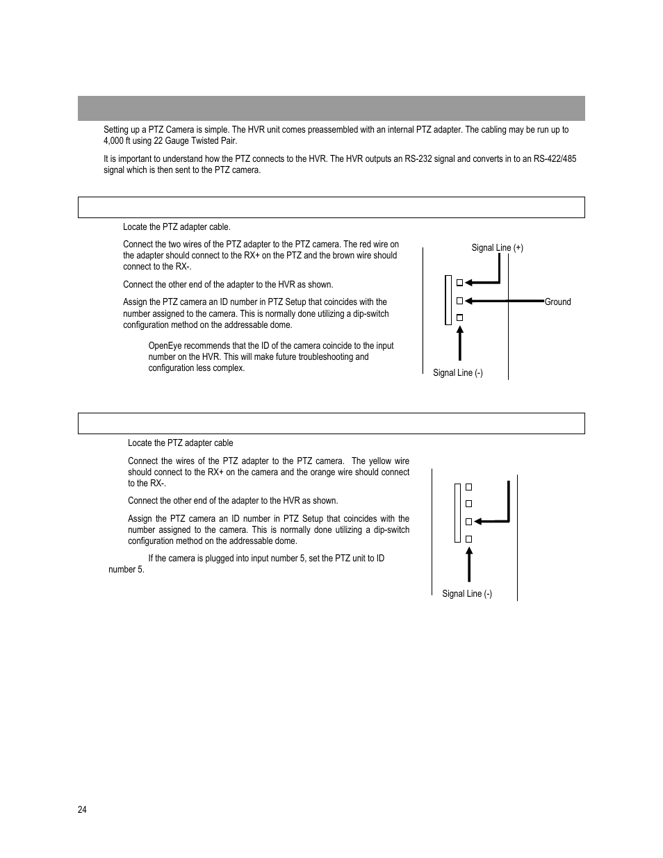 Connecting a ptz camera, Attaching the 3-pin adapter | OpenEye OE4 User Manual | Page 36 / 42