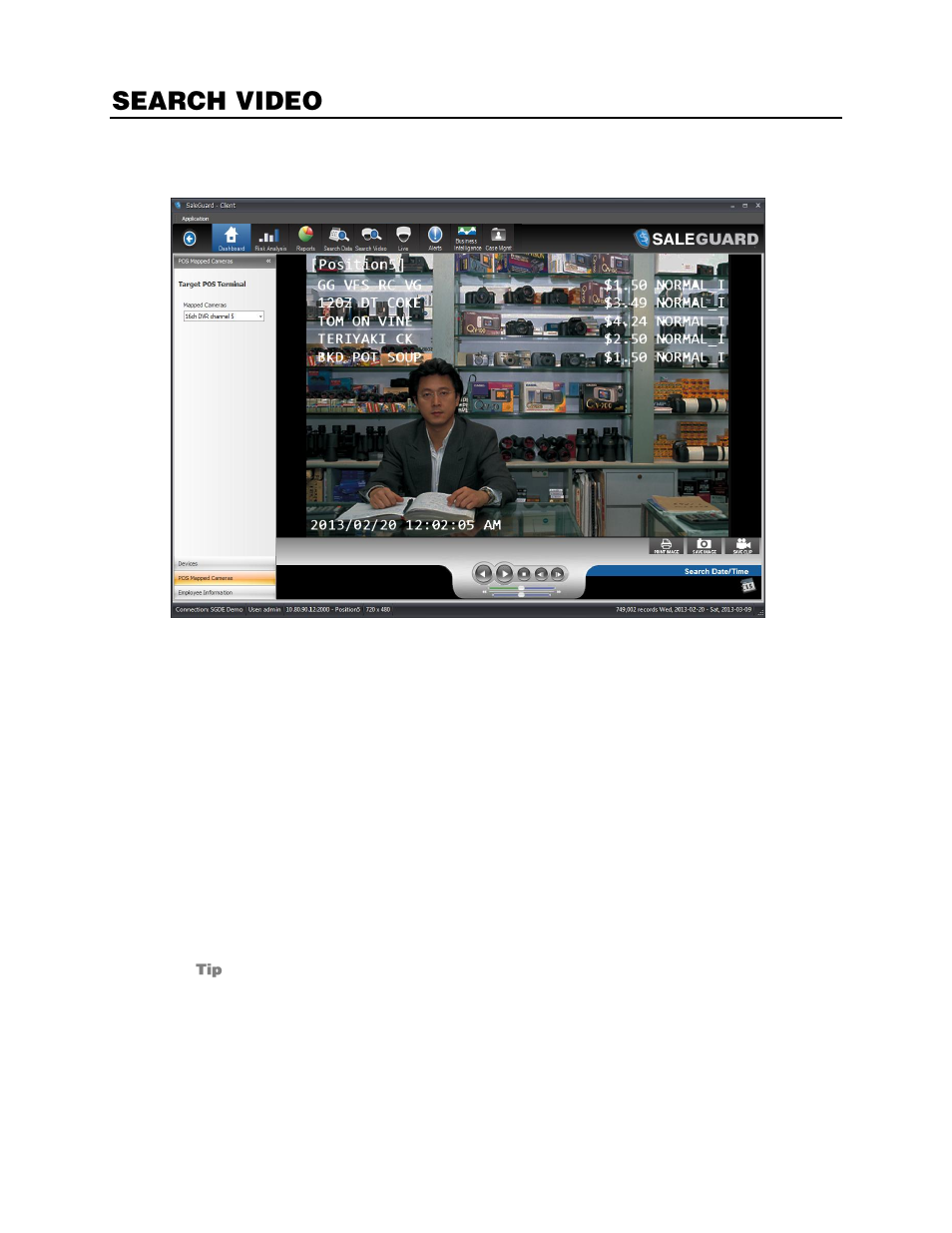 Search video, Searching video, Viewing pos overlay on video | OpenEye SaleGuard User Manual | Page 42 / 62