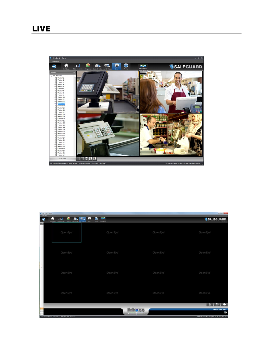 Live, Viewing live video | OpenEye SaleGuard User Manual | Page 45 / 62