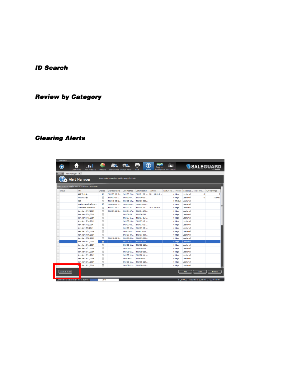 Reviewing alert data, Id search, Review by category | Clearing alerts | OpenEye SaleGuard User Manual | Page 48 / 62
