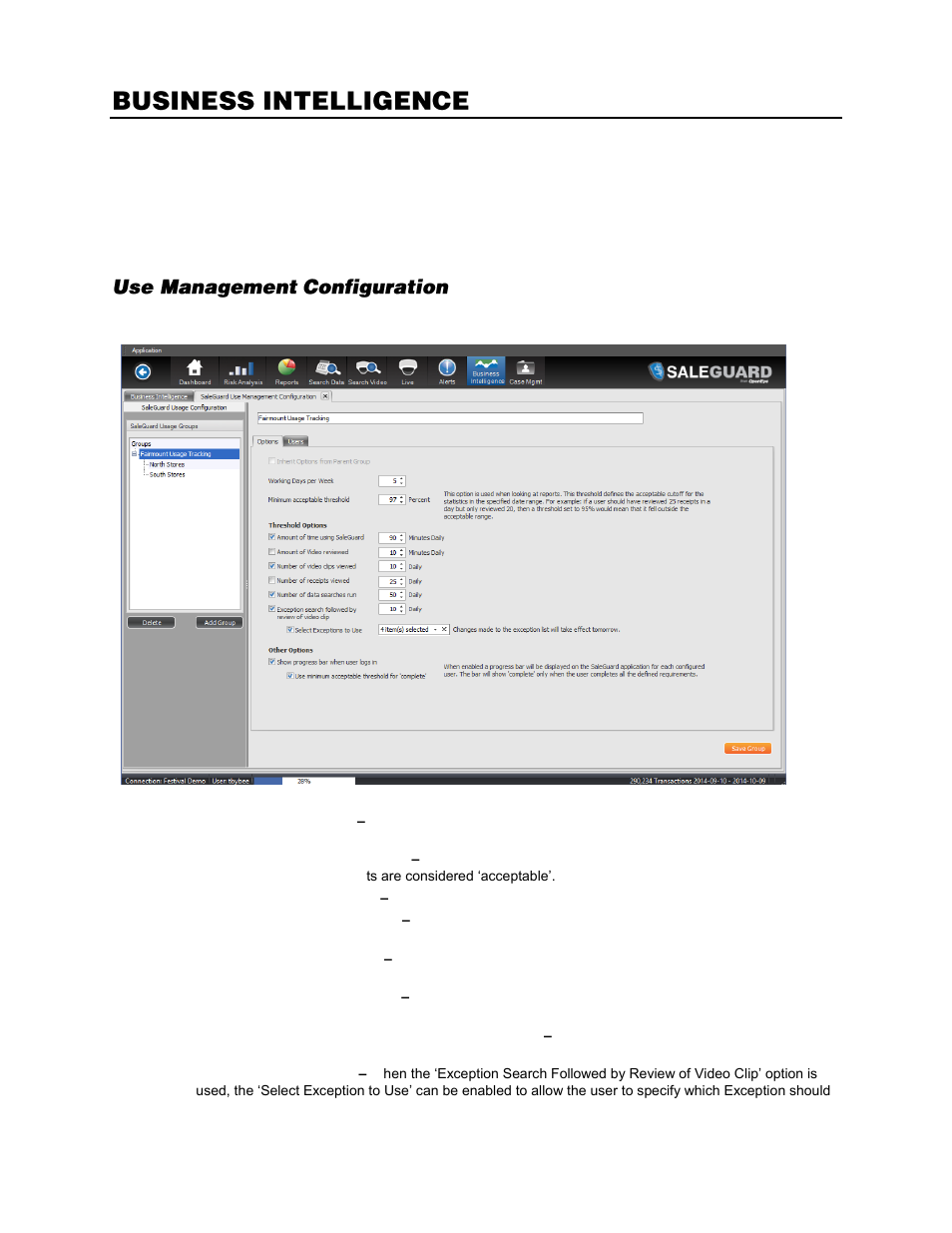 Business intelligence, Use management, Use management configuration | OpenEye SaleGuard User Manual | Page 49 / 62