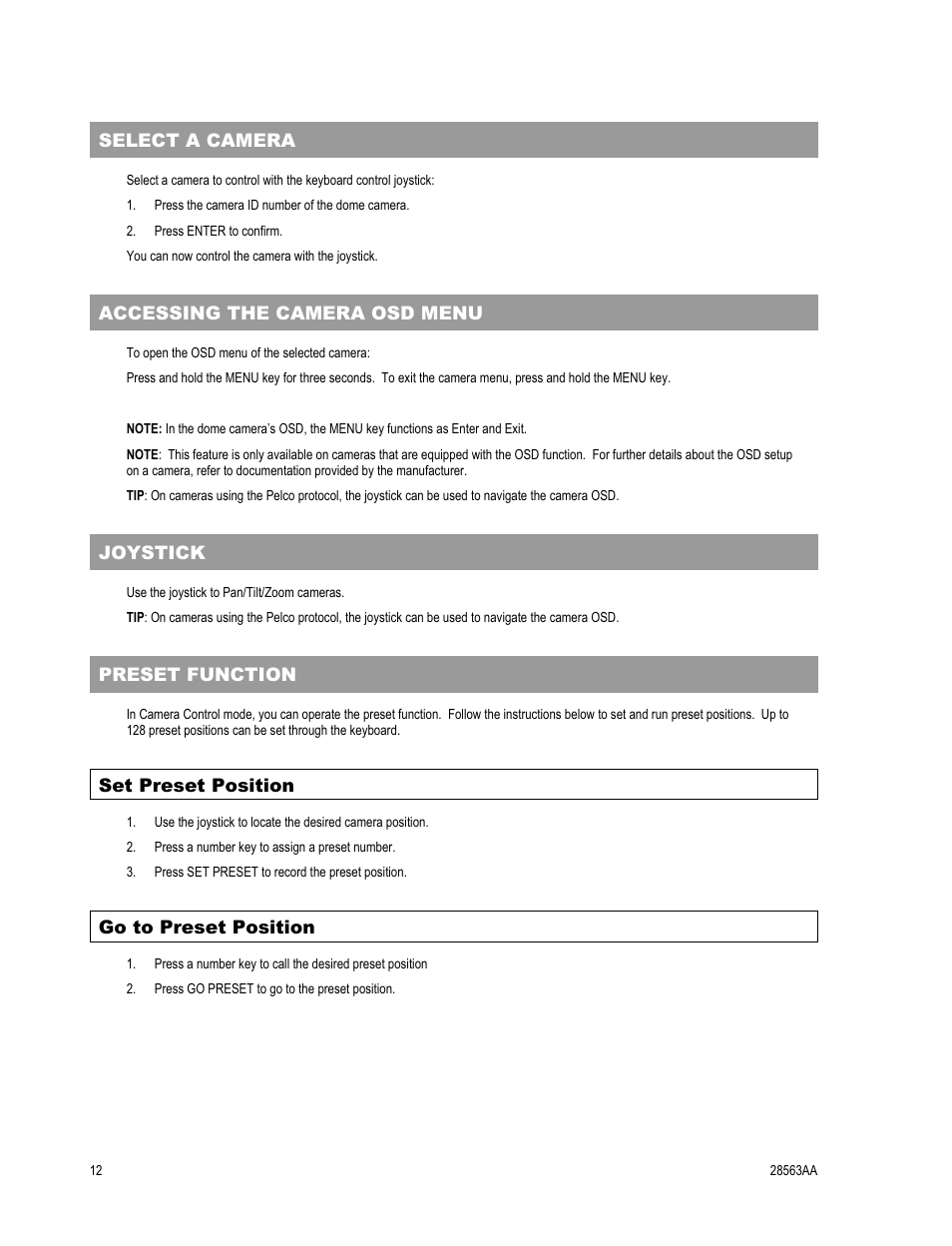 Select a camera, Accessing the camera osd menu, Joystick | Preset function, Set preset position, Go to preset position | OpenEye CA-501J PTZ User Manual | Page 26 / 38