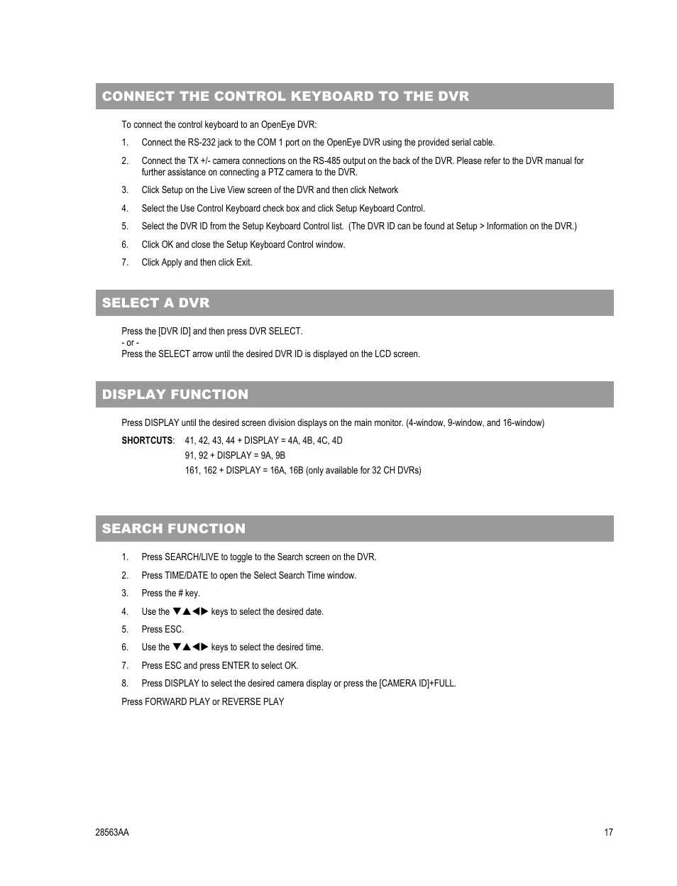Connect the control keyboard to the dvr, Select a dvr, Display function | Search function | OpenEye CA-501J PTZ User Manual | Page 31 / 38