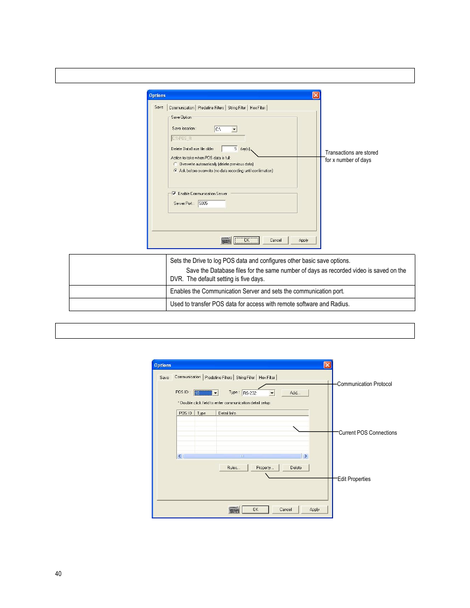 Save tab, Communication tab | OpenEye SW-RWTCP User Manual | Page 40 / 51