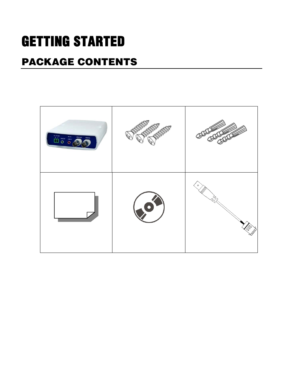 Getting started, Package contents | OpenEye VS201 User Manual | Page 12 / 59