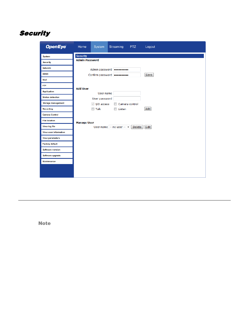 Security, Admin password | OpenEye VS201 User Manual | Page 24 / 59