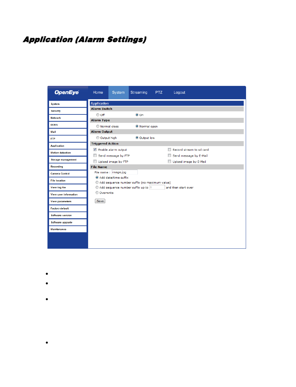 Application (alarm settings) | OpenEye VS201 User Manual | Page 32 / 59