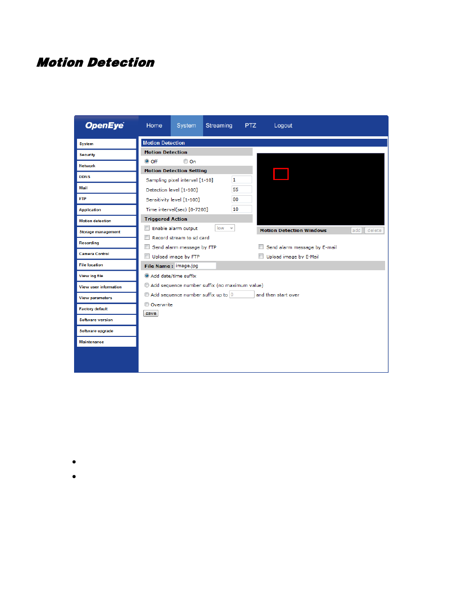 Motion detection | OpenEye VS201 User Manual | Page 34 / 59