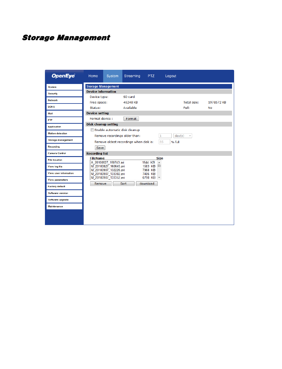 Storage management | OpenEye VS201 User Manual | Page 38 / 59
