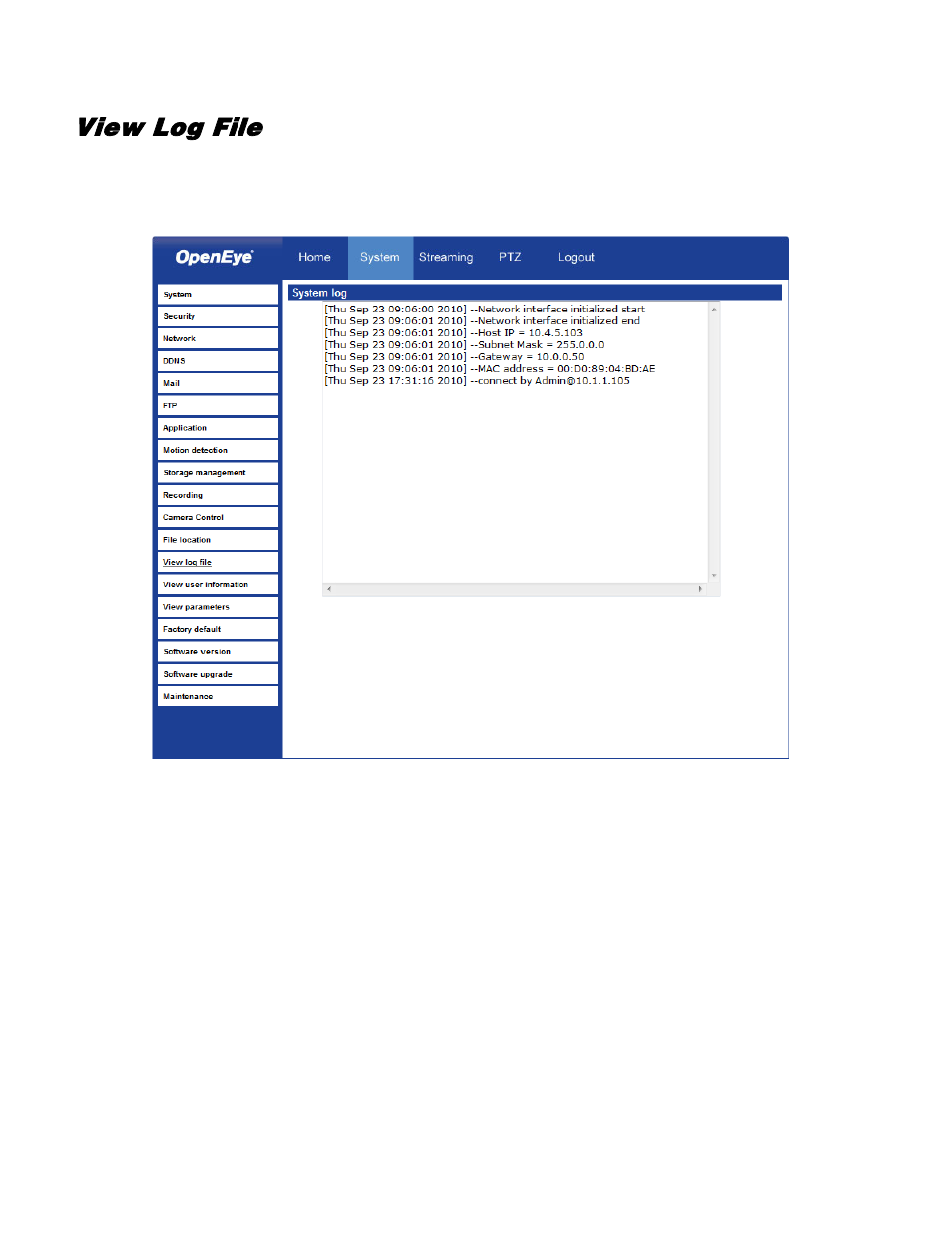 View log file | OpenEye VS201 User Manual | Page 42 / 59