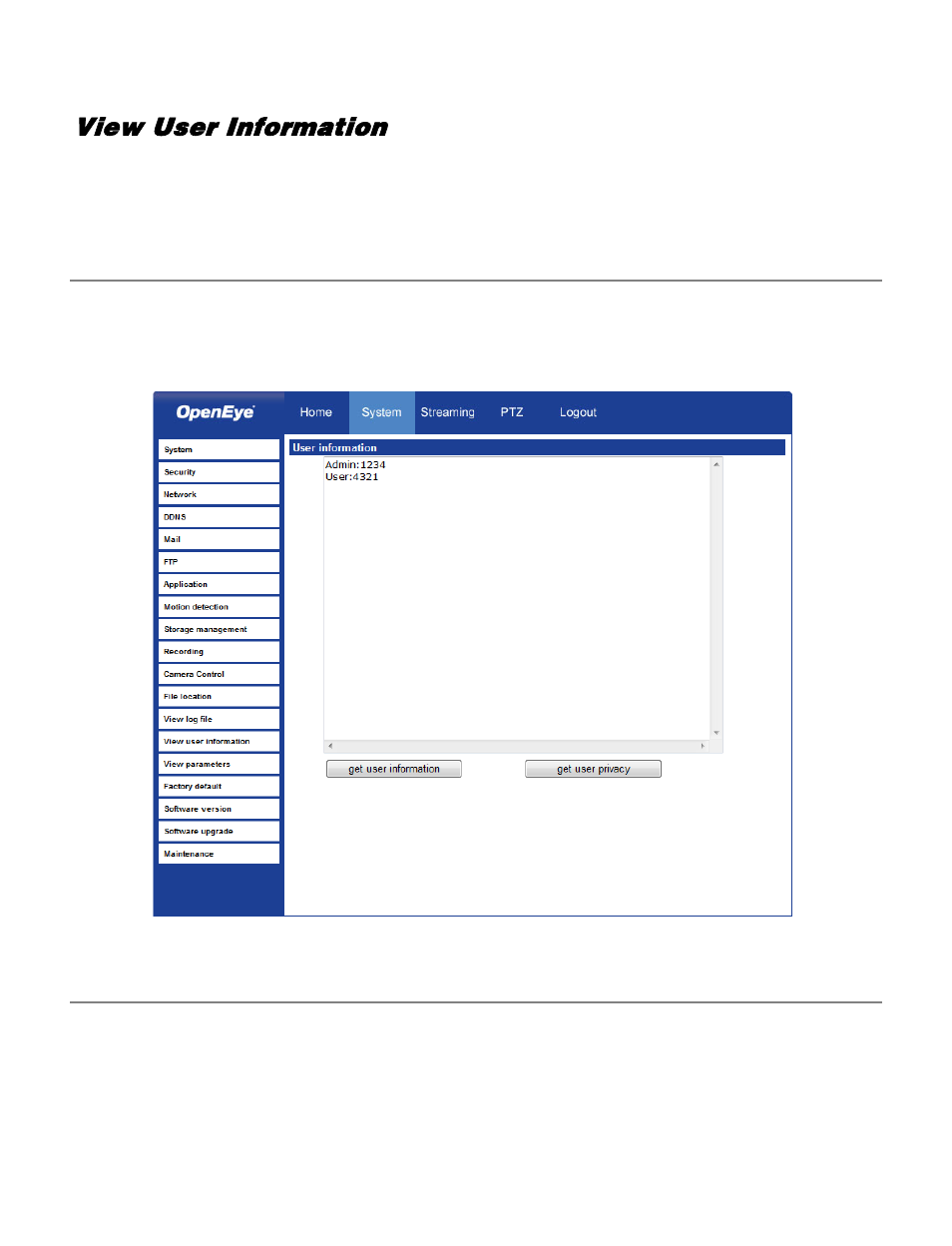 View user information, View user login information, View user privilege | OpenEye VS201 User Manual | Page 43 / 59
