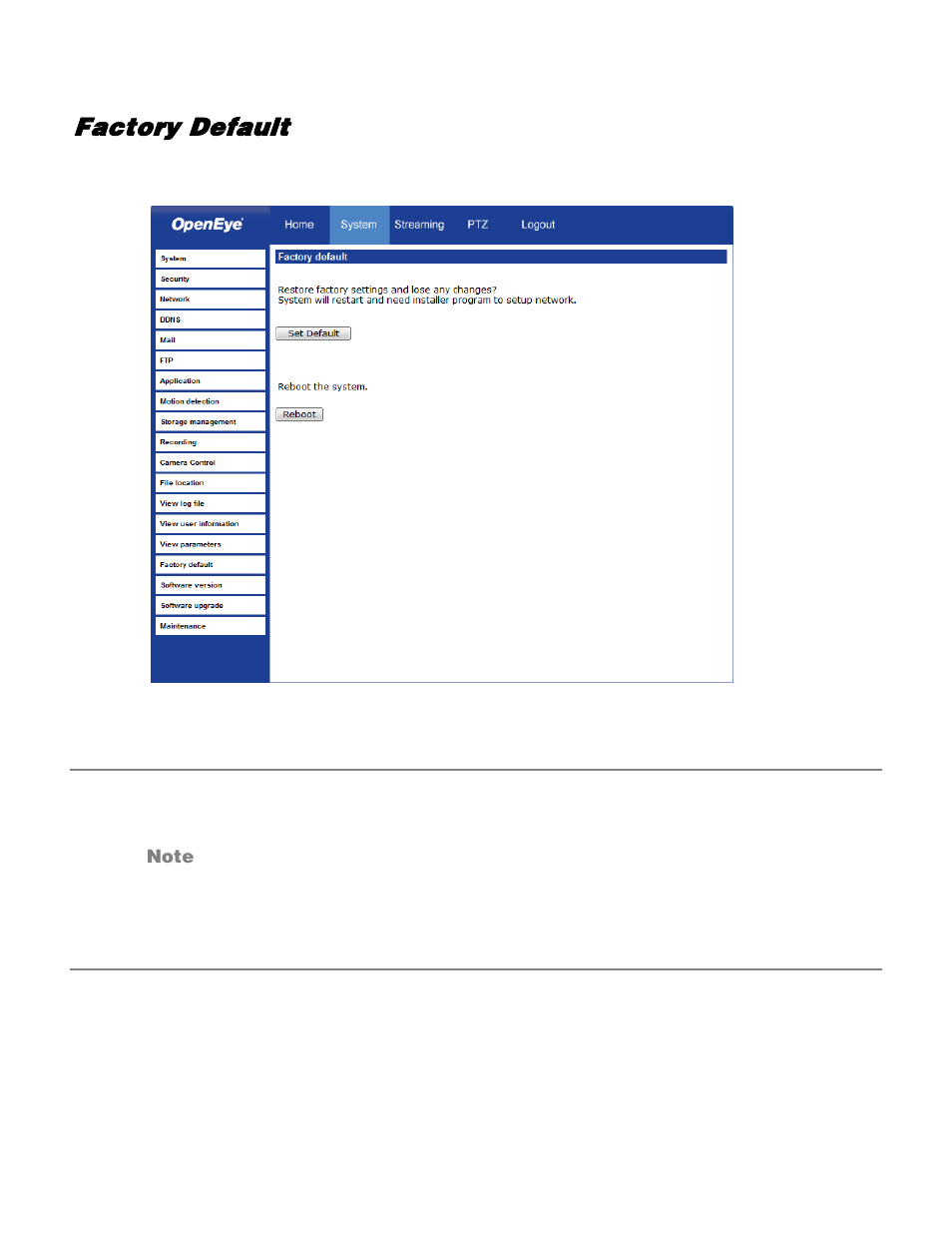 Factory default, Set default, Reboot | OpenEye VS201 User Manual | Page 45 / 59