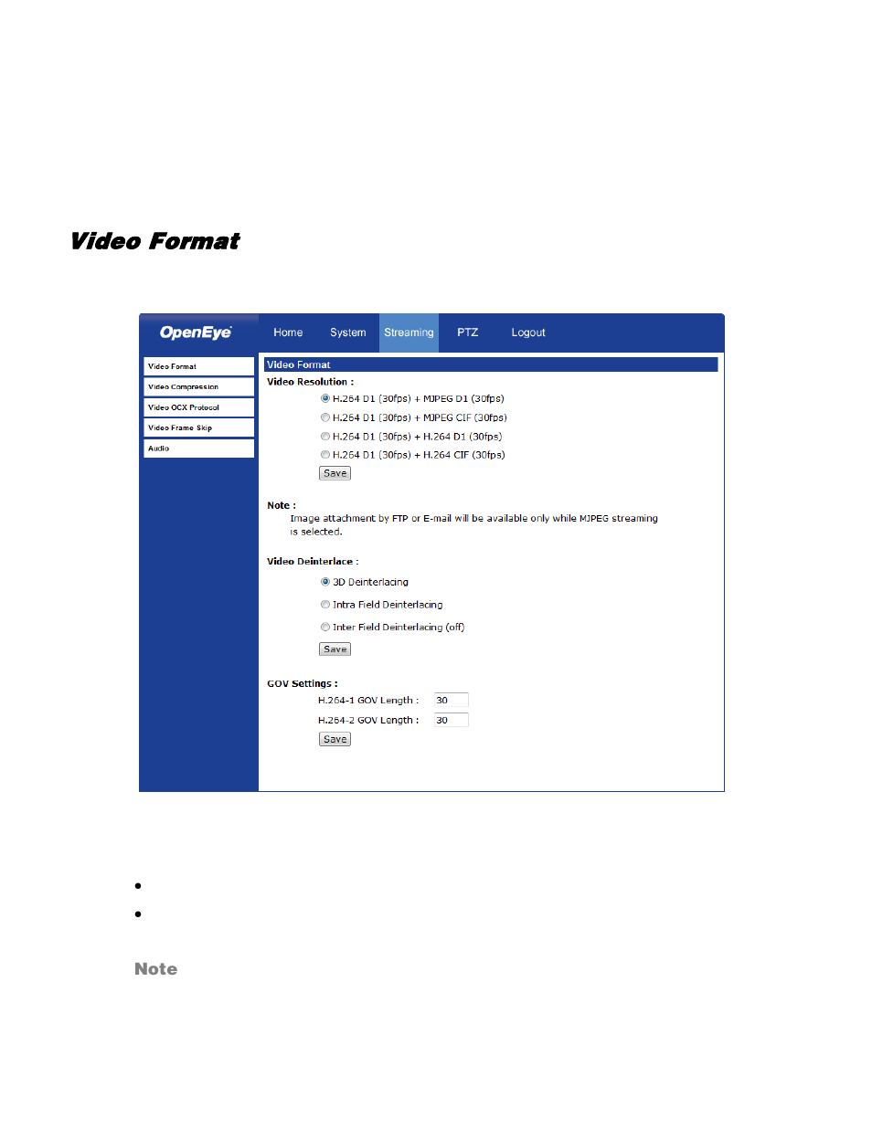 Video and audio streaming settings, Video format | OpenEye VS201 User Manual | Page 50 / 59