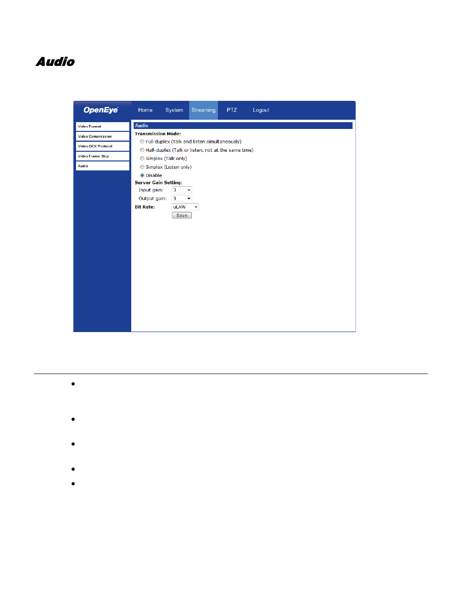 Audio, Transmission mode | OpenEye VS201 User Manual | Page 54 / 59
