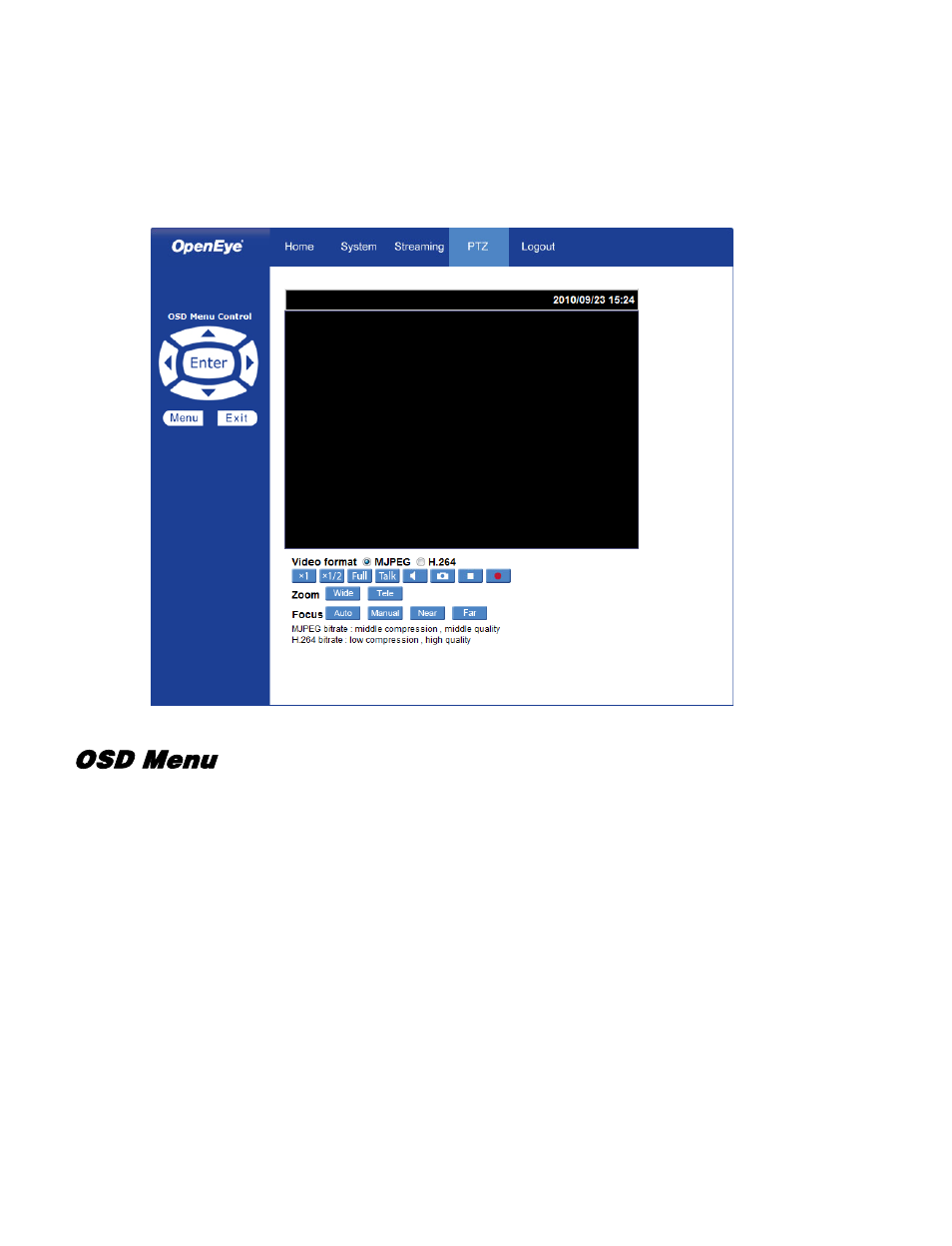Ptz settings, Osd menu, Logout | OpenEye VS201 User Manual | Page 55 / 59