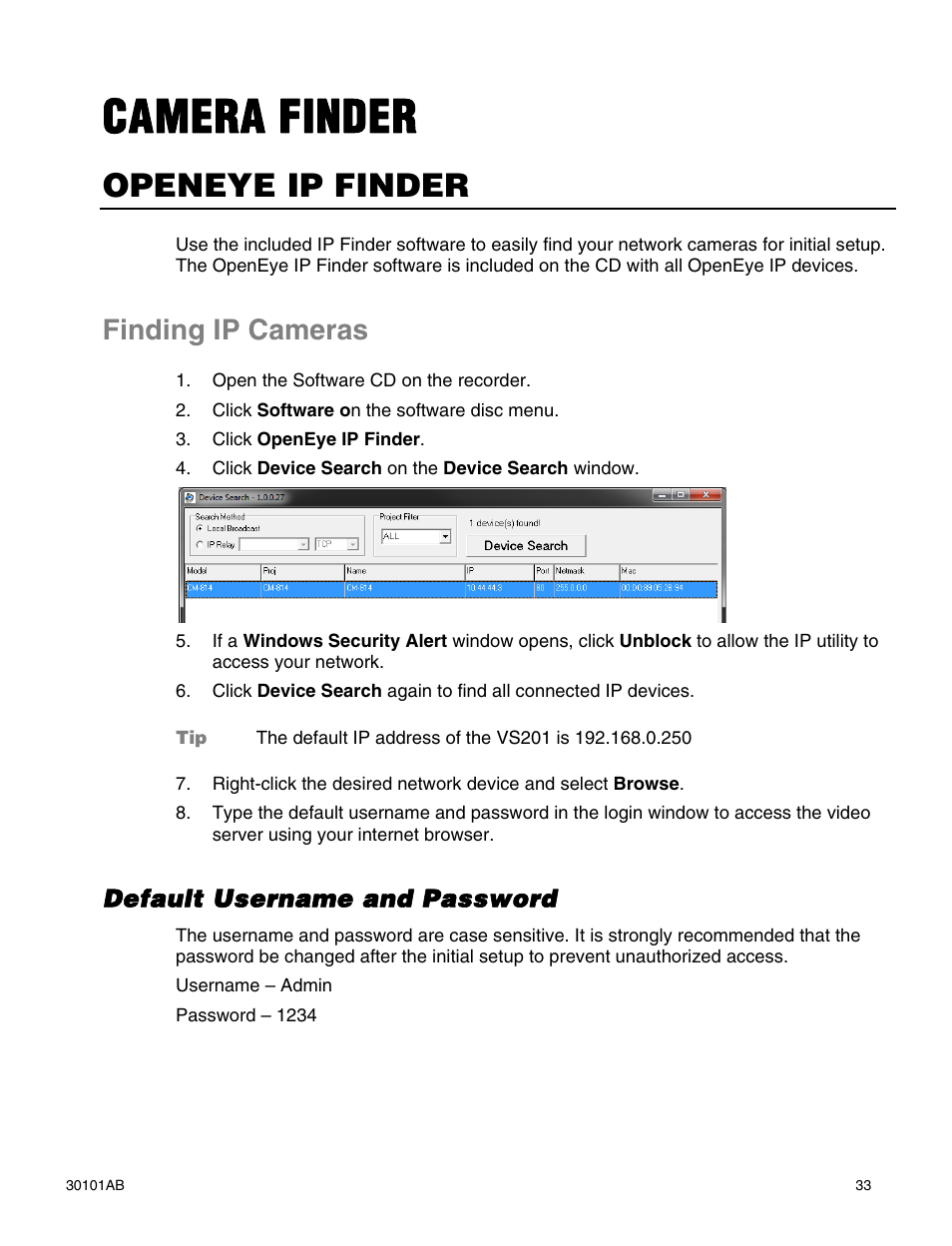 Camera finder, Openeye ip finder, Finding ip cameras | Default username and password | OpenEye CM-814 User Manual | Page 33 / 81