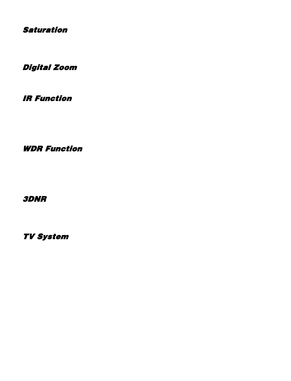Saturation, Digital zoom, Ir function | Wdr function, 3dnr, Tv system, Logout | OpenEye CM-730 User Manual | Page 67 / 71