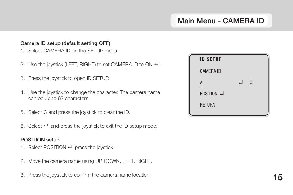 Main menu - camera id | OpenEye CM-135 User Manual | Page 15 / 40
