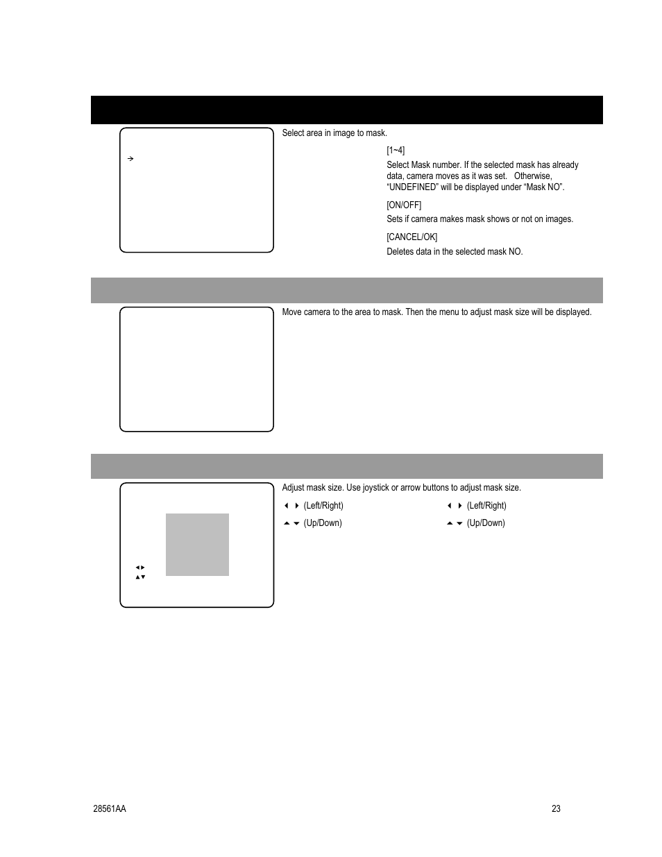 Privacy zone mask setup, Privacy zone area setup, Privacy zone size adjustment | OpenEye CM-410 User Manual | Page 33 / 50