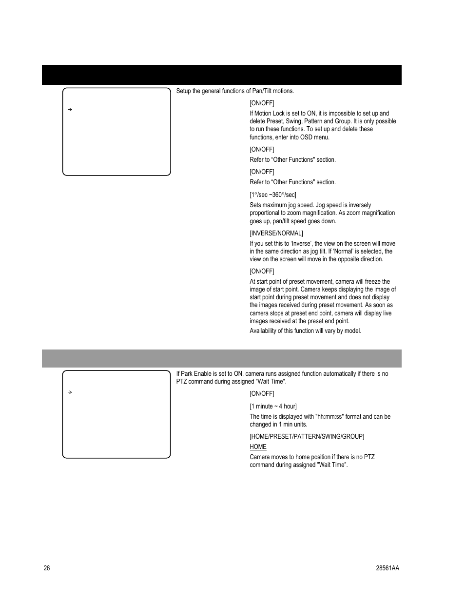 Motion setup, Parking action setup | OpenEye CM-410 User Manual | Page 36 / 50