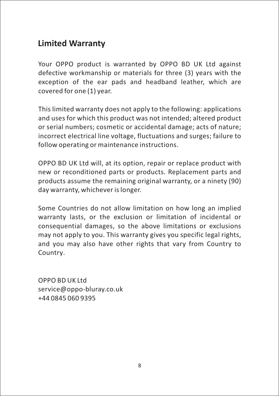 Limited warranty | Oppo PM-1 User Manual | Page 10 / 11