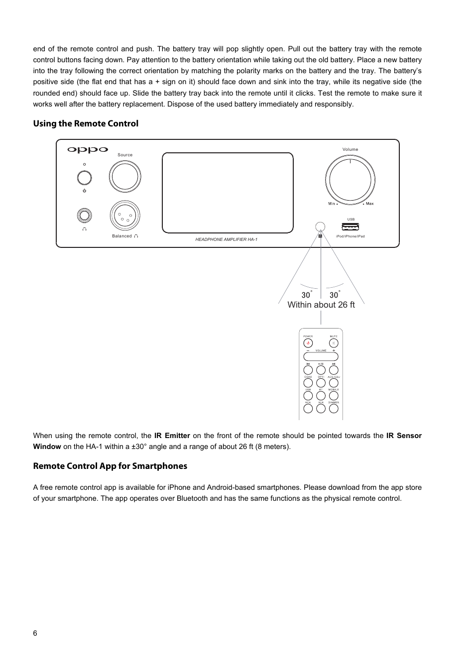 Using the remote control, Remote control app for smartphones, Within about 26 ft | Oppo HA-1 User Manual | Page 10 / 29
