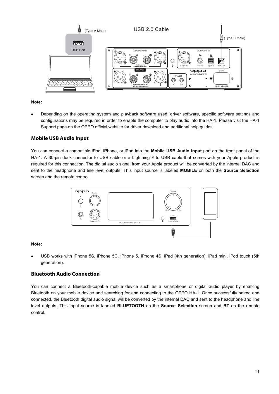 Mobile usb audio input, Bluetooth audio connection, Usb 2.0 cable | Oppo HA-1 User Manual | Page 15 / 29