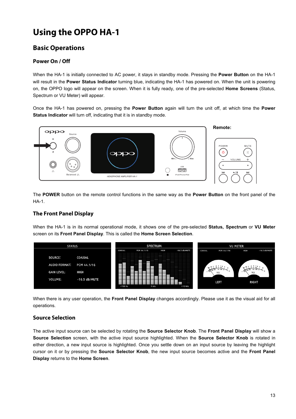 Using the oppo ha-1, Basic operations, Power on / off | The front panel display, Source selection | Oppo HA-1 User Manual | Page 17 / 29