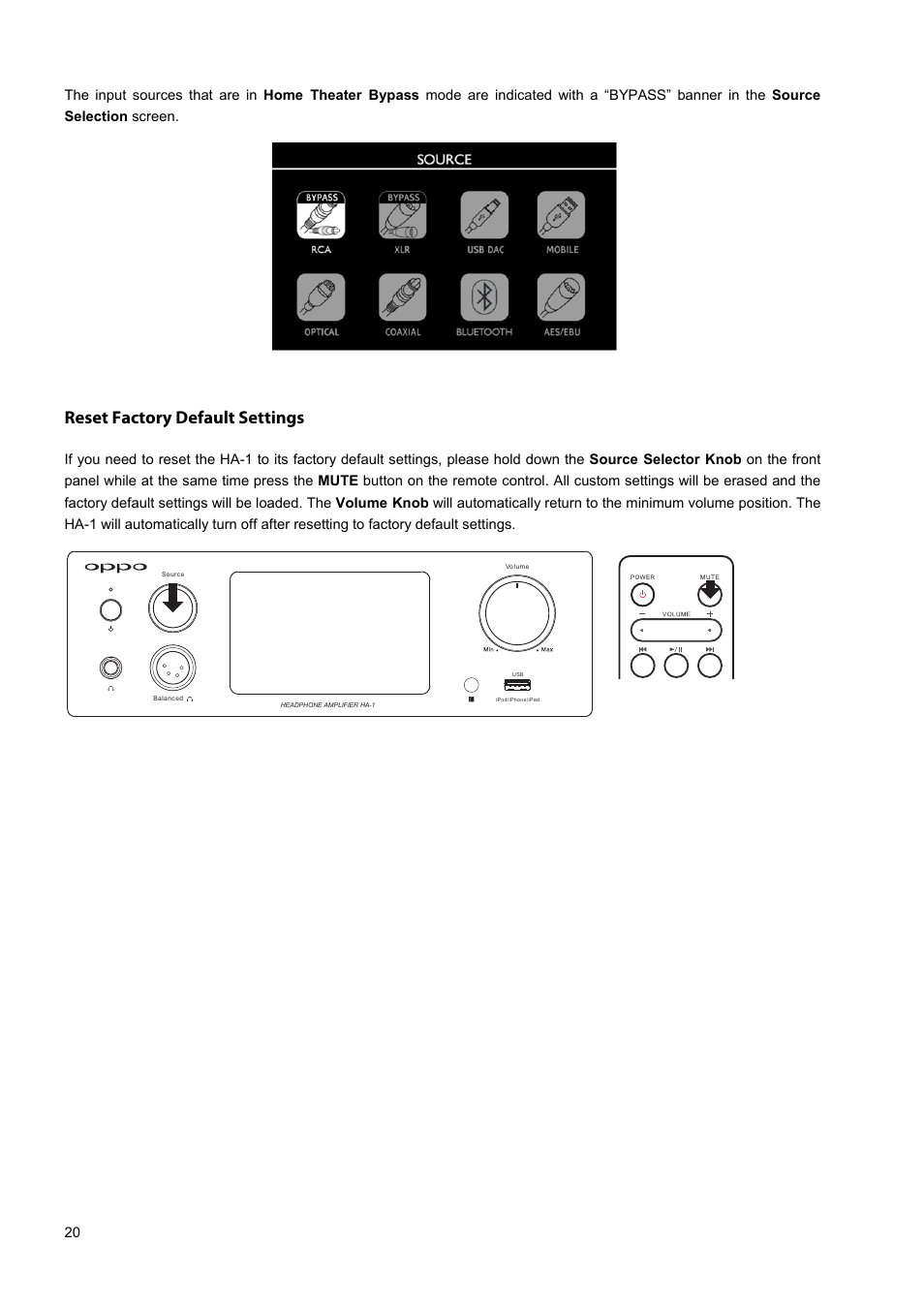 Reset factory default settings | Oppo HA-1 User Manual | Page 24 / 29
