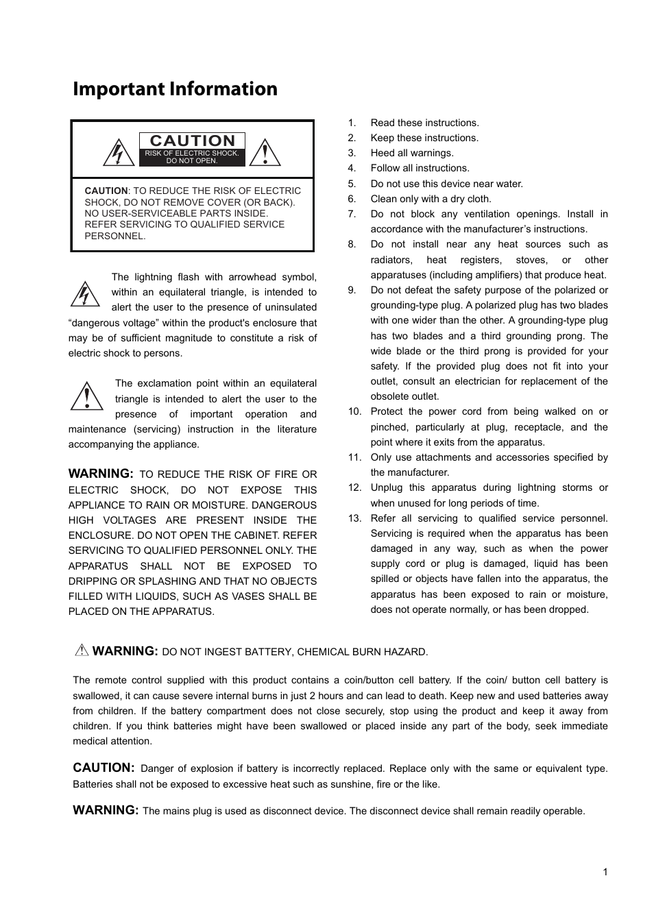 Important information, Caution | Oppo HA-1 User Manual | Page 5 / 29