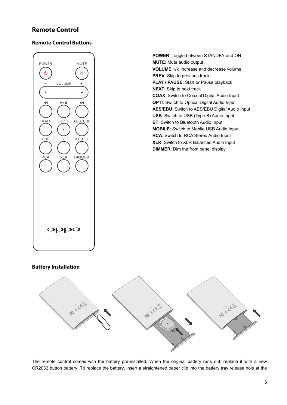 Remote control | Oppo HA-1 User Manual | Page 9 / 29