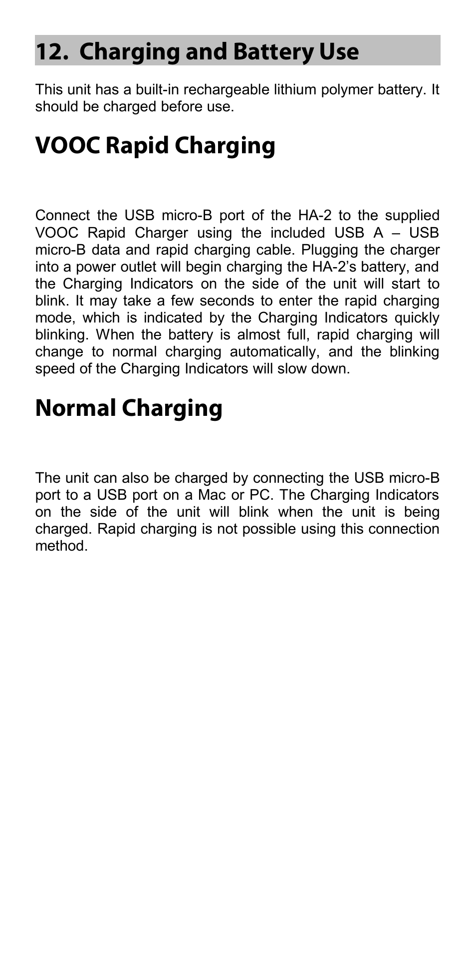 Charging and battery use, Vooc rapid charging, Normal charging | Oppo HA-2 User Manual | Page 7 / 18