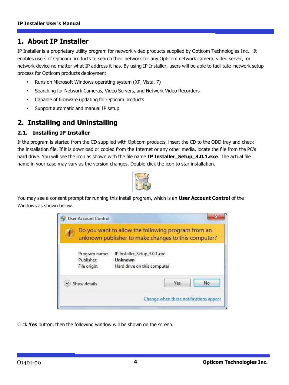 About ip installer, Installing and uninstalling, Installing ip installer | Opticom IP Installer User Manual | Page 4 / 26