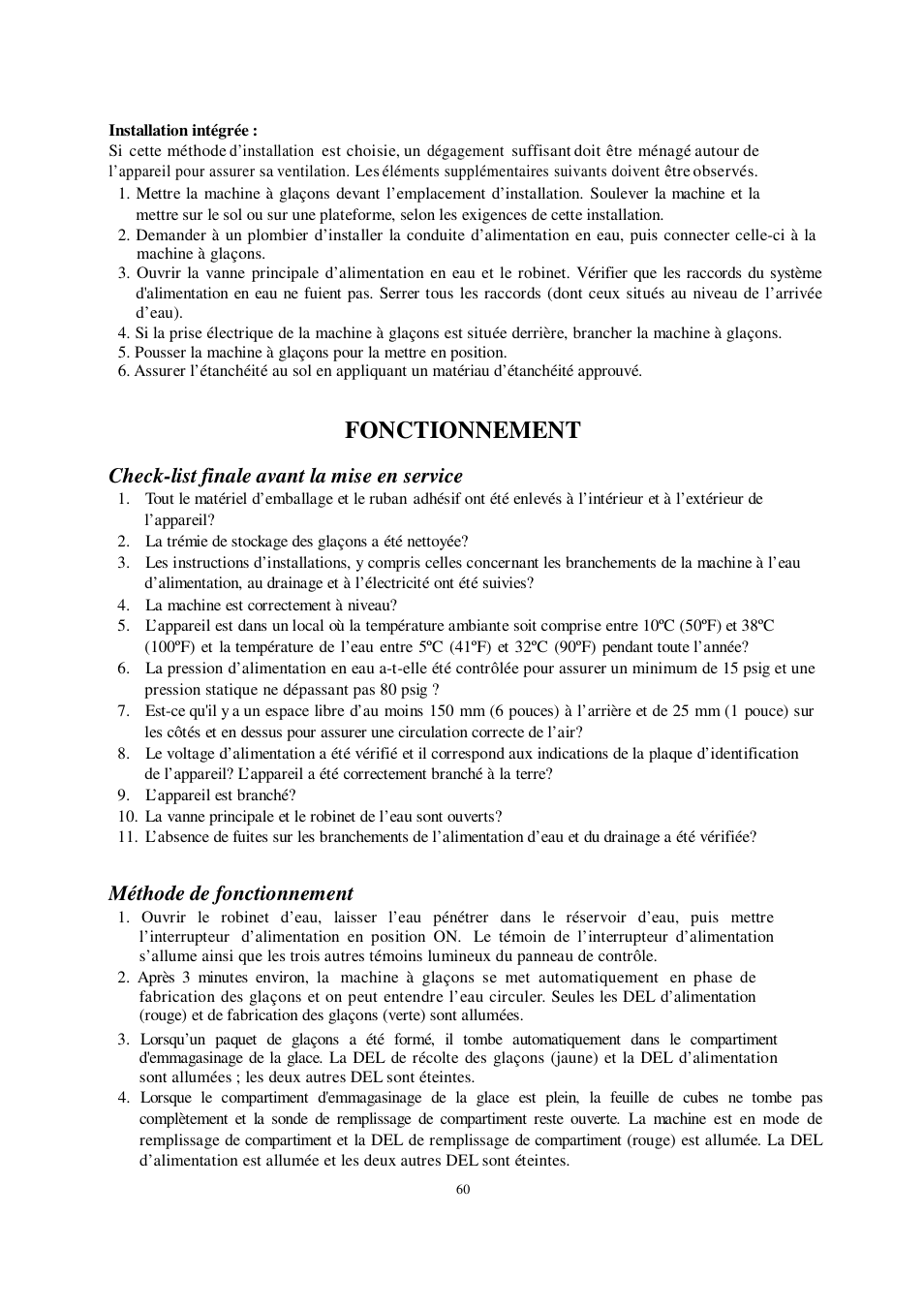 Fonctionnement, Check-list finale avant la mise en service, Méthode de fonctionnement | Orien FS-260IM User Manual | Page 61 / 72