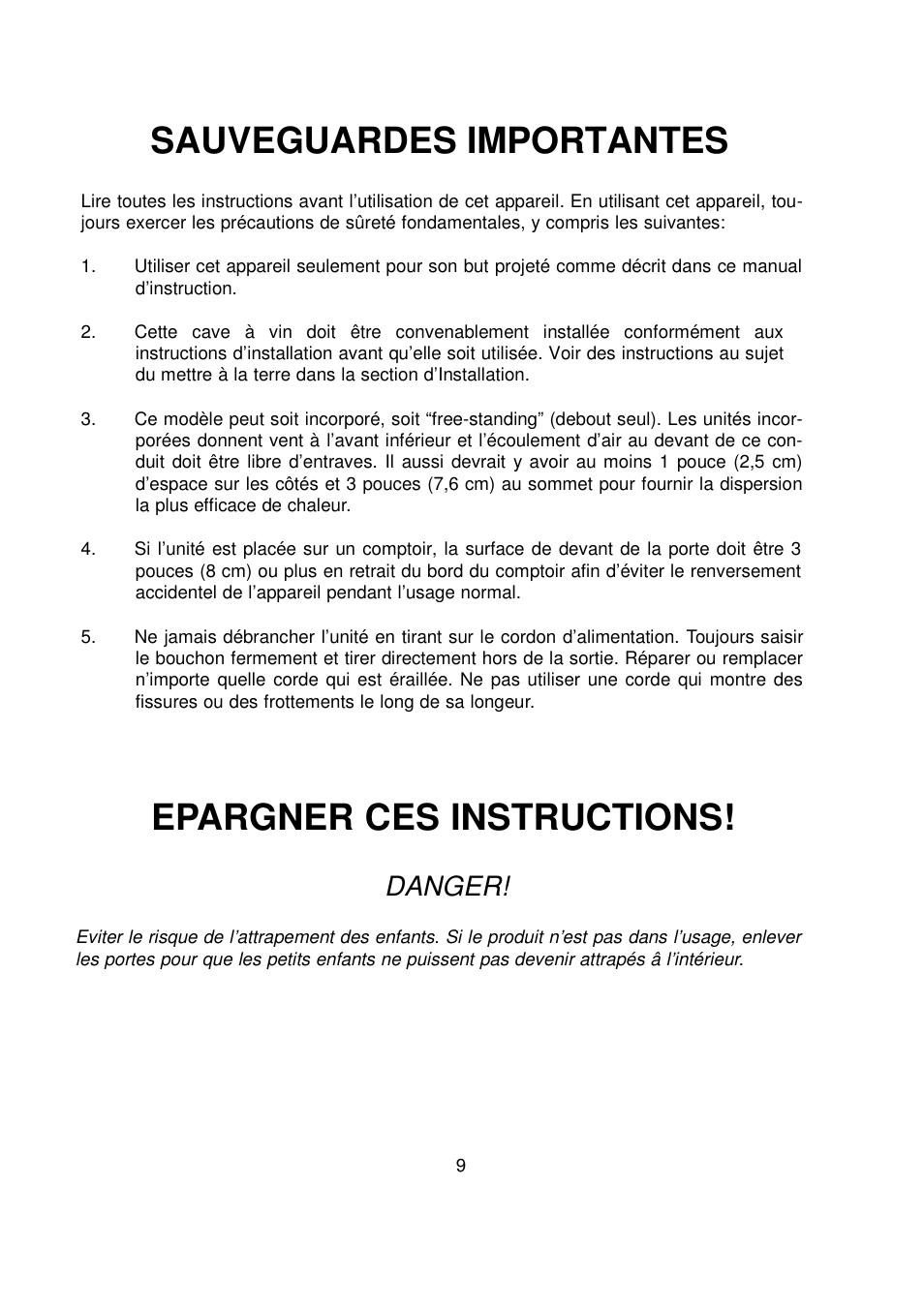 Sauveguardes importantes, Epargner ces instructions, Danger | Orien FSW-36 User Manual | Page 11 / 31