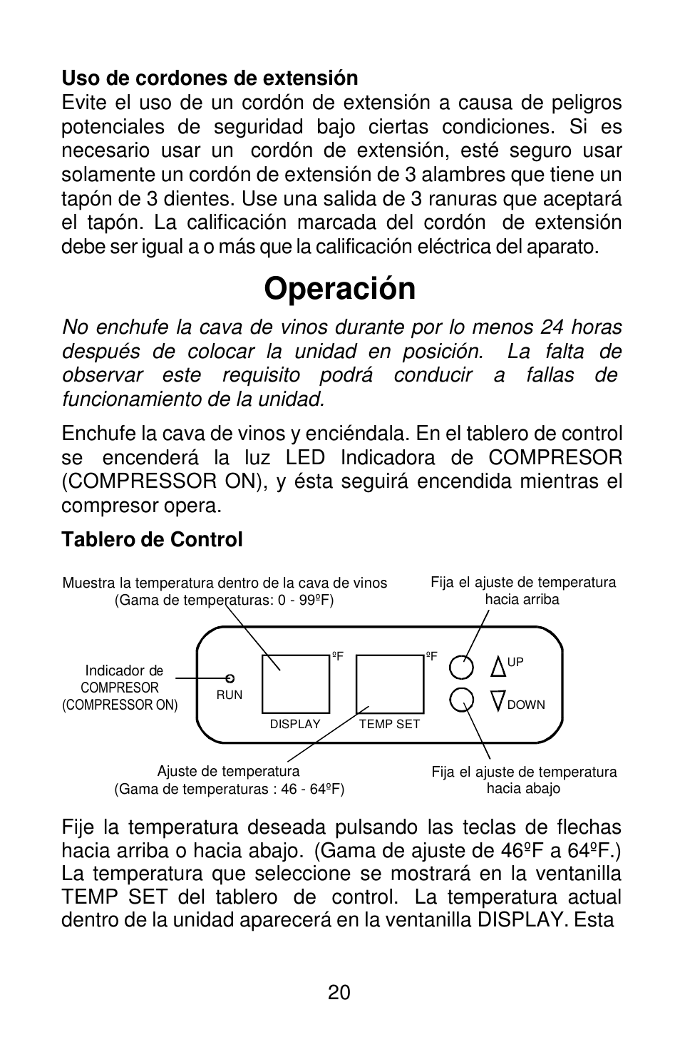 Operación, Tablero de control | Orien FSW-120 User Manual | Page 21 / 25