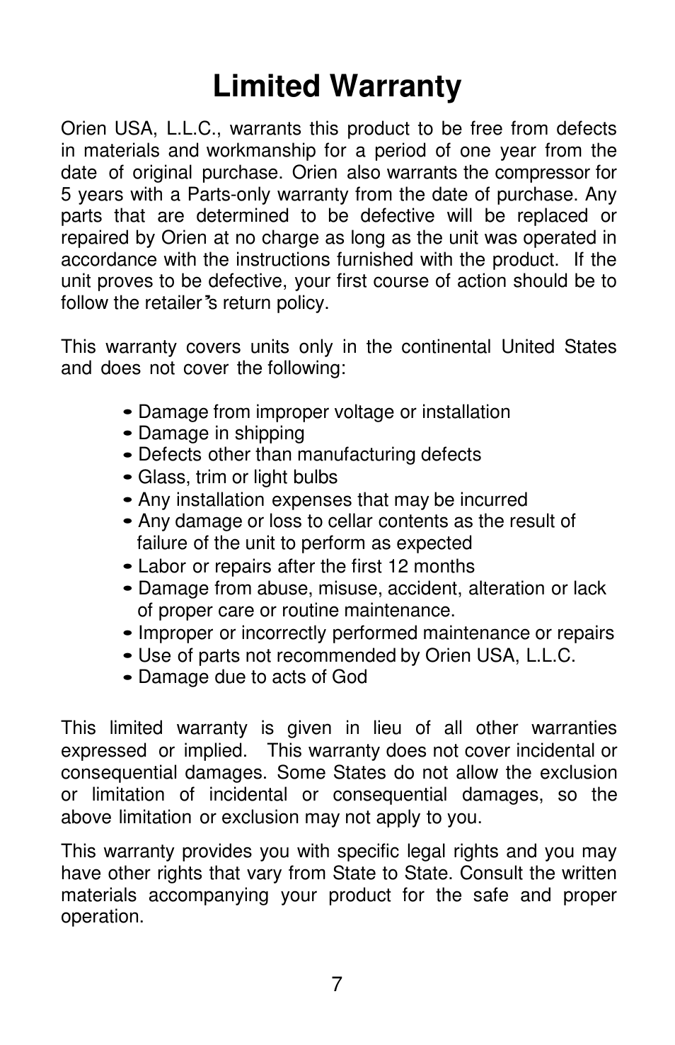 Limited warranty | Orien FSW-120 User Manual | Page 8 / 25