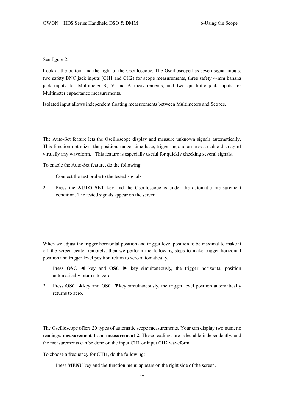 7 input connections, 8 displaying an unknown signal with auto set, 10 automatic measurements | 9 automatic zero-returning of trigger horizontal, Position and trigger level position | OWON HDS Series User Manual | Page 25 / 72